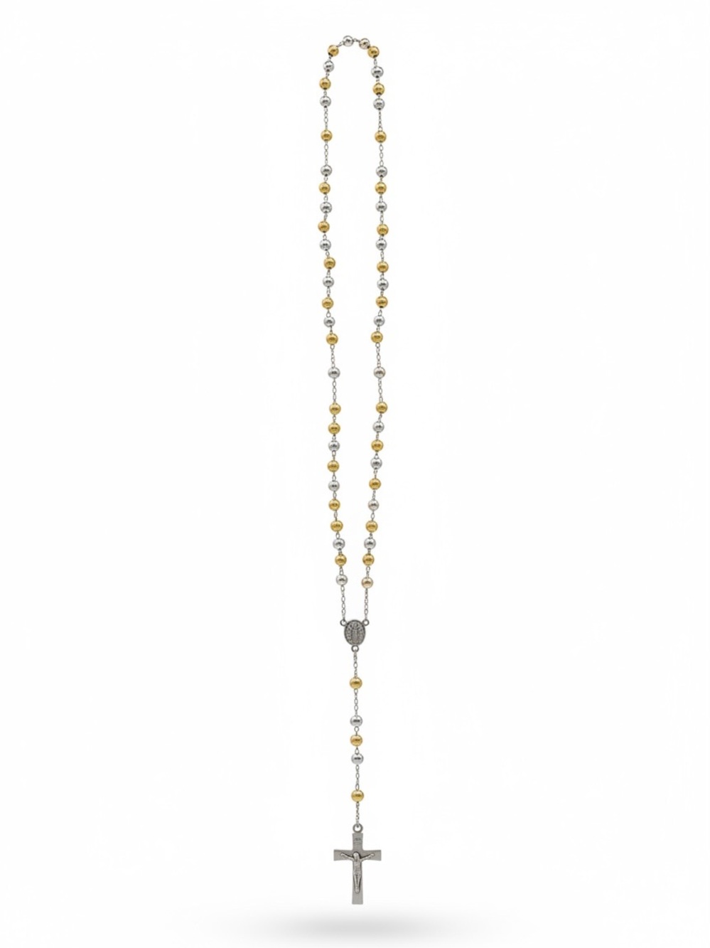 Two-Tone Gold and Silver Rosary Necklace with Cross
